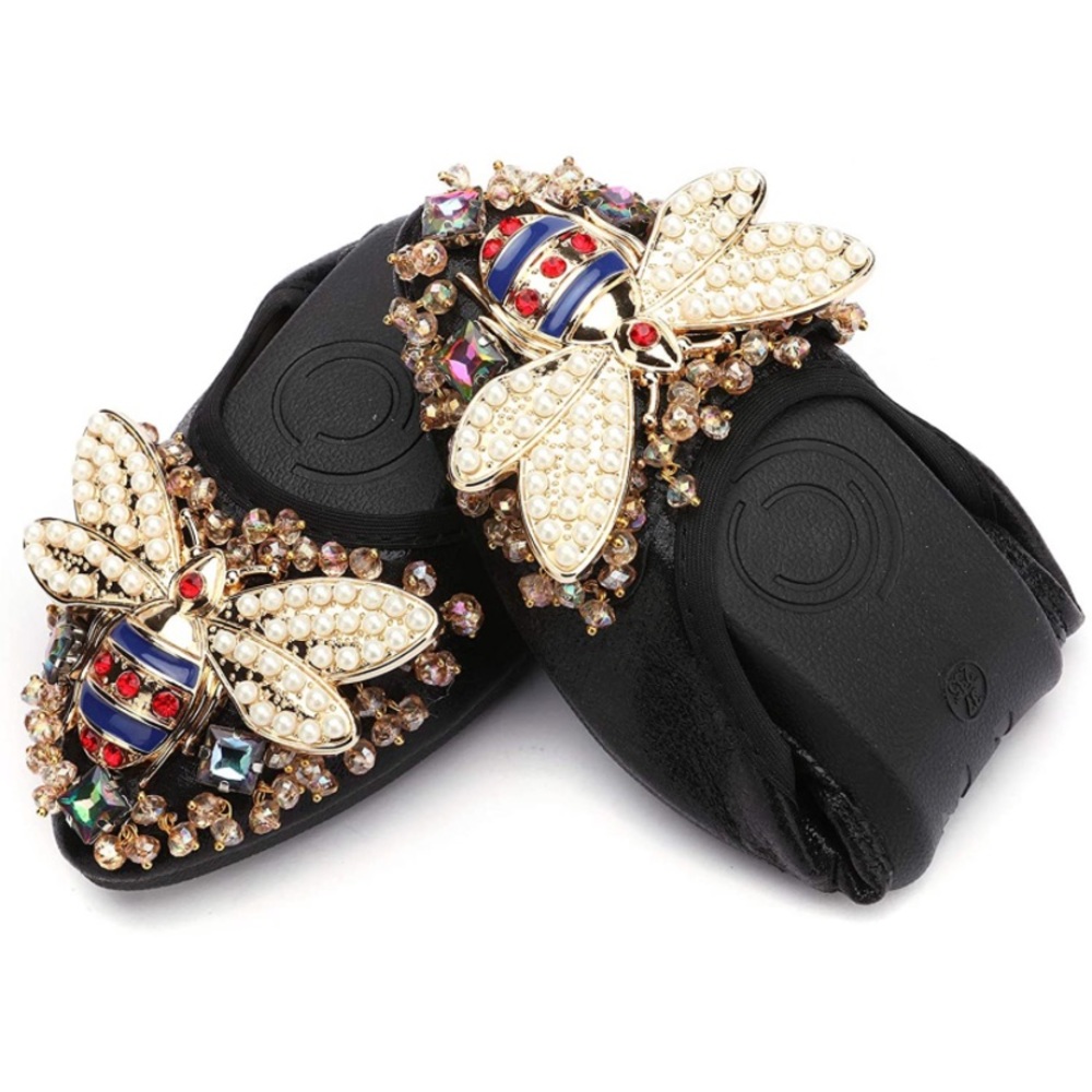 Bee Pearl Rhinestone Flats Ballet Slip-On Shoes - Picture 2 of 7